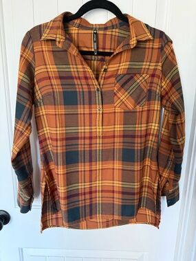 Kuhl Plaid Long-Sleeve Pullover in Orange, Brown, Green